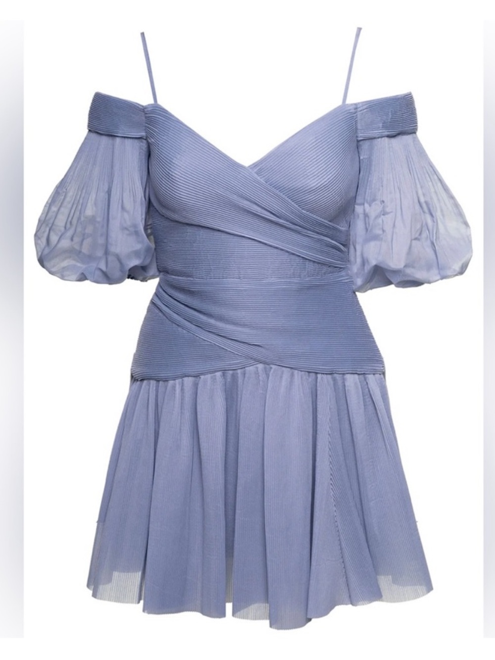 NWT Zimmermann Off the Shoulder plisse organza Mini Dress, slate blue, AU1